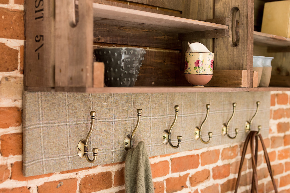 Apple crate shelves and coat hooks