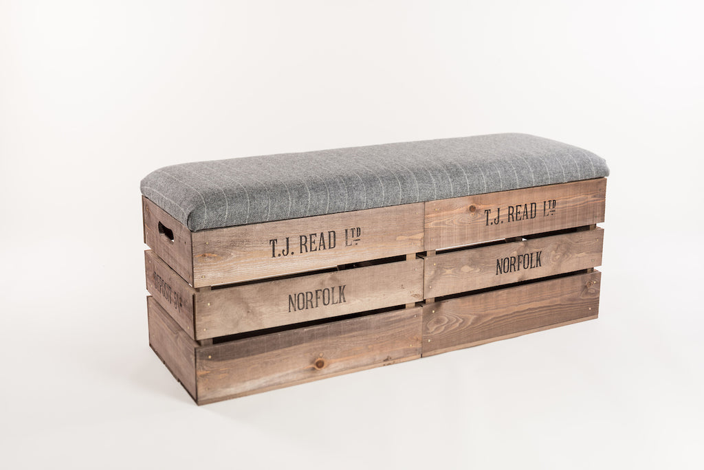 Grey stripe tweed hallway storage set.