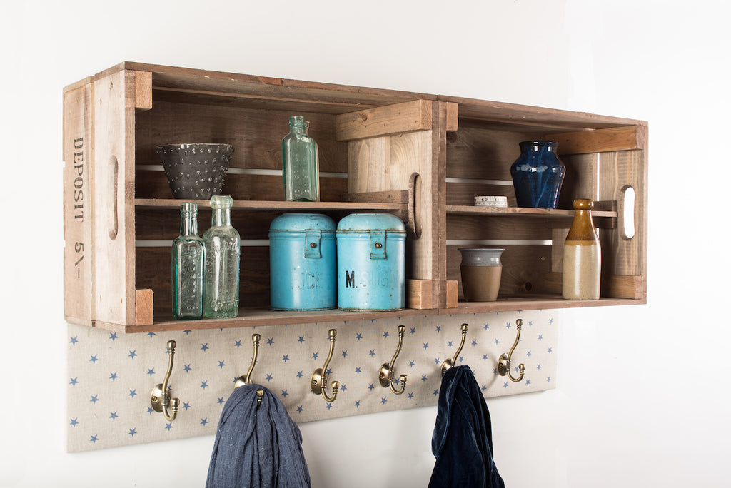 Provide your own fabric shelves and coat hooks